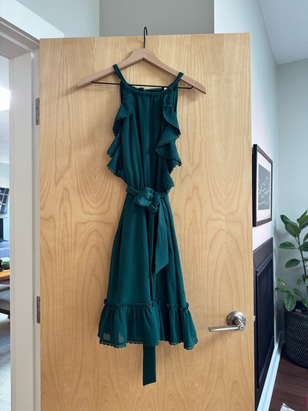 Sezane Teal Ruffle Tie-Waist Silkdress